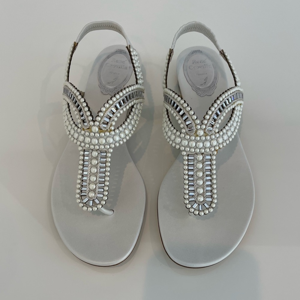 Rene Caovilla White Leather Embellished Sandal Us 8 / It 38